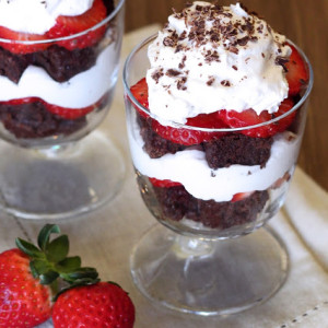 Gluten Free Vegan Berry Brownie Parfaits. Layers of chocolaty brownies, sweet strawberries and diary free whipped coconut cream.