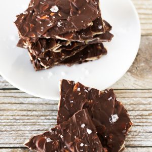 Sea Salt Chocolate Almond Bark. Thin layer of toasted sliced almonds, coated in chocolate and sprinkled with flaked sea salt.